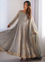 Fendy Silk Grey Casual Wear Sequins Work Readymade Anarkali Suit 388727