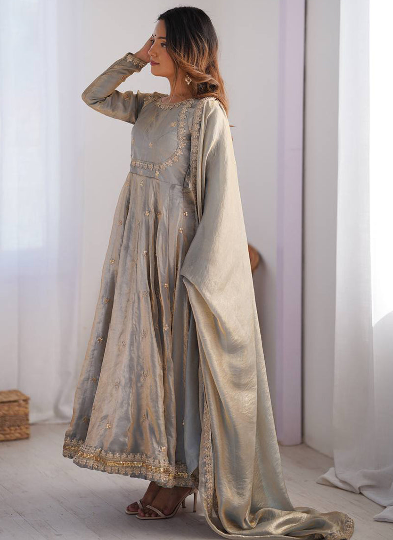 Fendy Silk Grey Casual Wear Sequins Work Readymade Anarkali Suit 388727