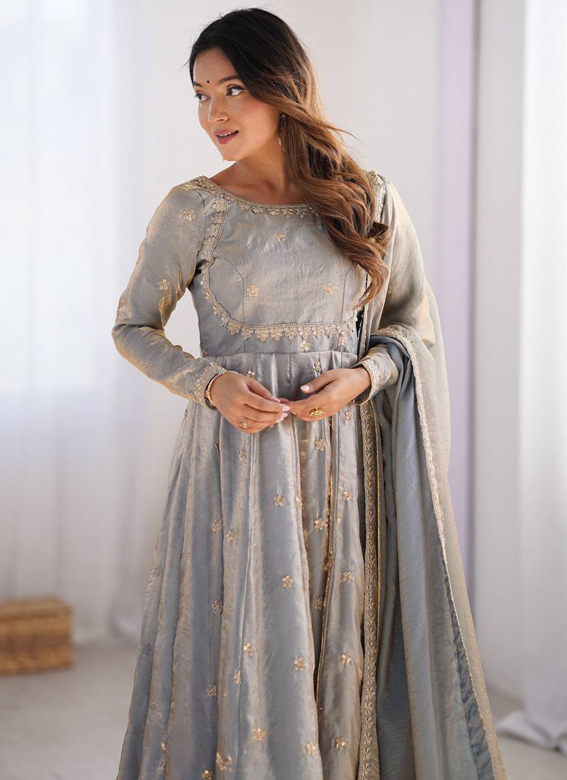 Fendy Silk Grey Casual Wear Sequins Work Readymade Anarkali Suit 388727
