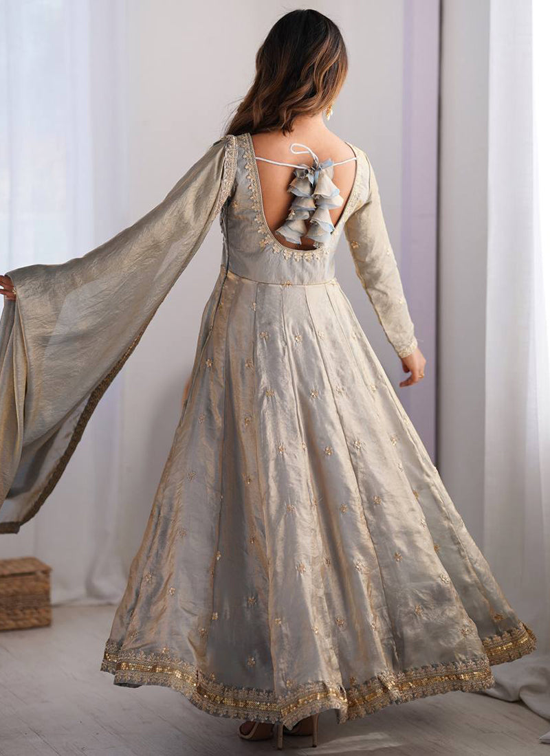 Fendy Silk Grey Casual Wear Sequins Work Readymade Anarkali Suit 388727
