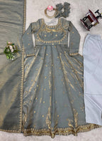 Fendy Silk Grey Casual Wear Sequins Work Readymade Anarkali Suit 388727