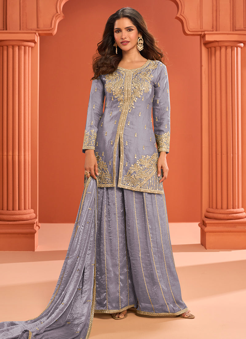 Grey Fendy Silk Embroidery Work Party Wear Readymade Plazzo Suit SW810761
