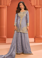 Grey Fendy Silk Embroidery Work Party Wear Readymade Plazzo Suit SW810761