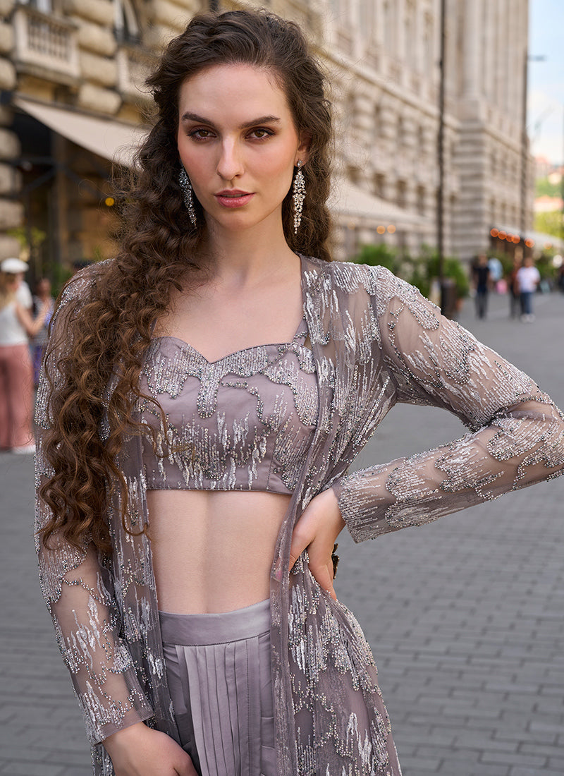 French Crepe Silk Grey Wedding Wear Bead Embroidery Work Readymade IndoWestern Suit