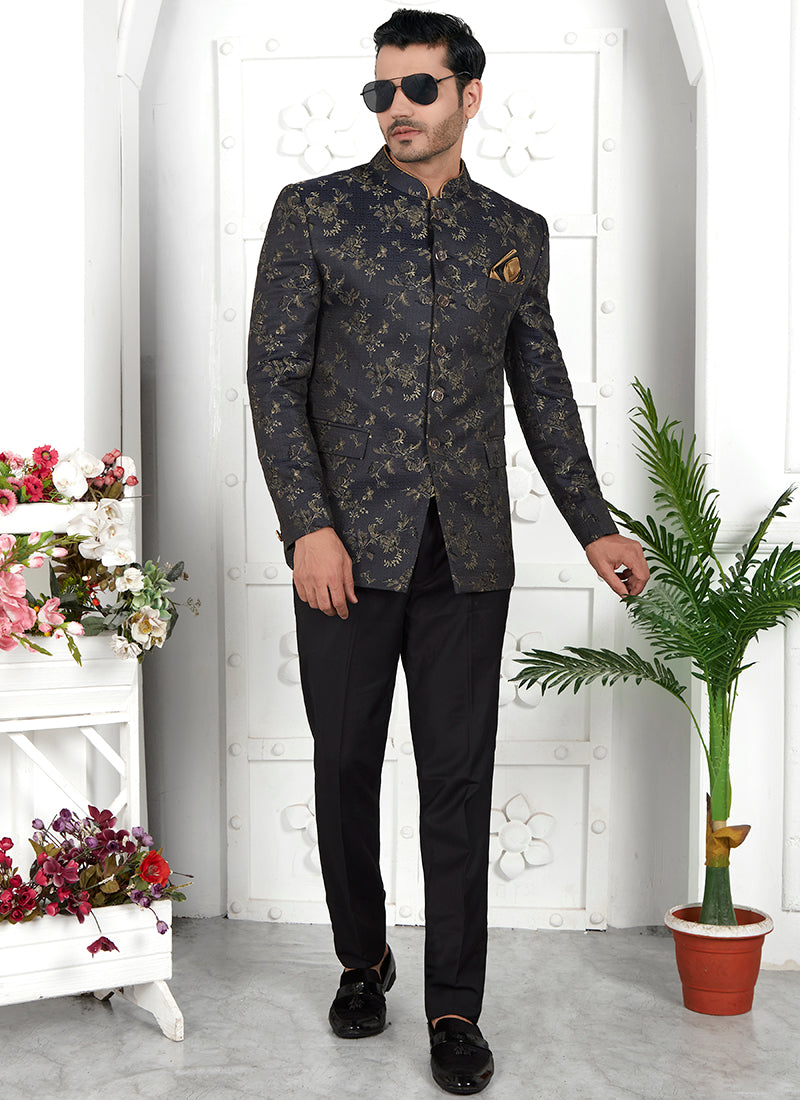 Grey Imported Jaquard Silk Party Wear Pattern Pc Work Readymade Mens Jacket