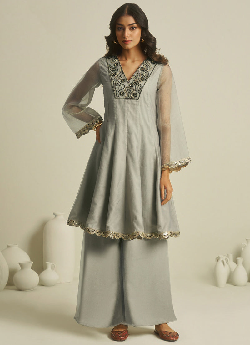 Pure Tissue Grey Casual Wear Hand Work Readymade Kurti With Pant 388741