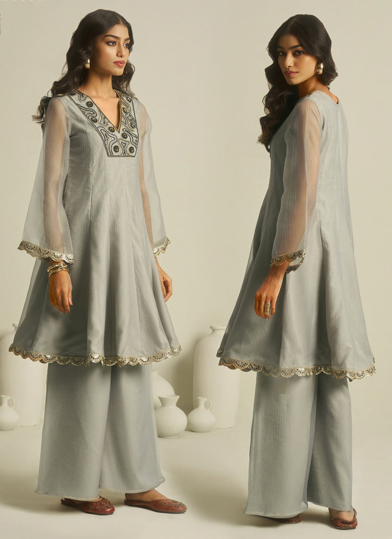 Pure Tissue Grey Casual Wear Hand Work Readymade Kurti With Pant 388741