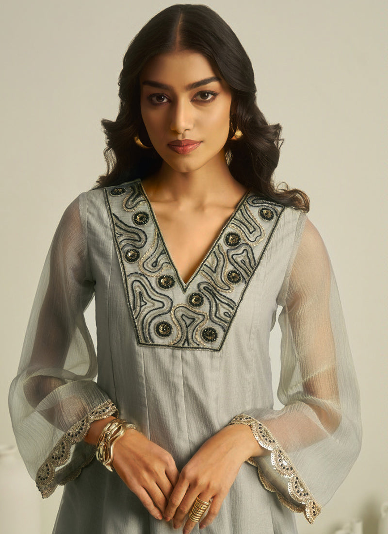 Pure Tissue Grey Casual Wear Hand Work Readymade Kurti With Pant 388741