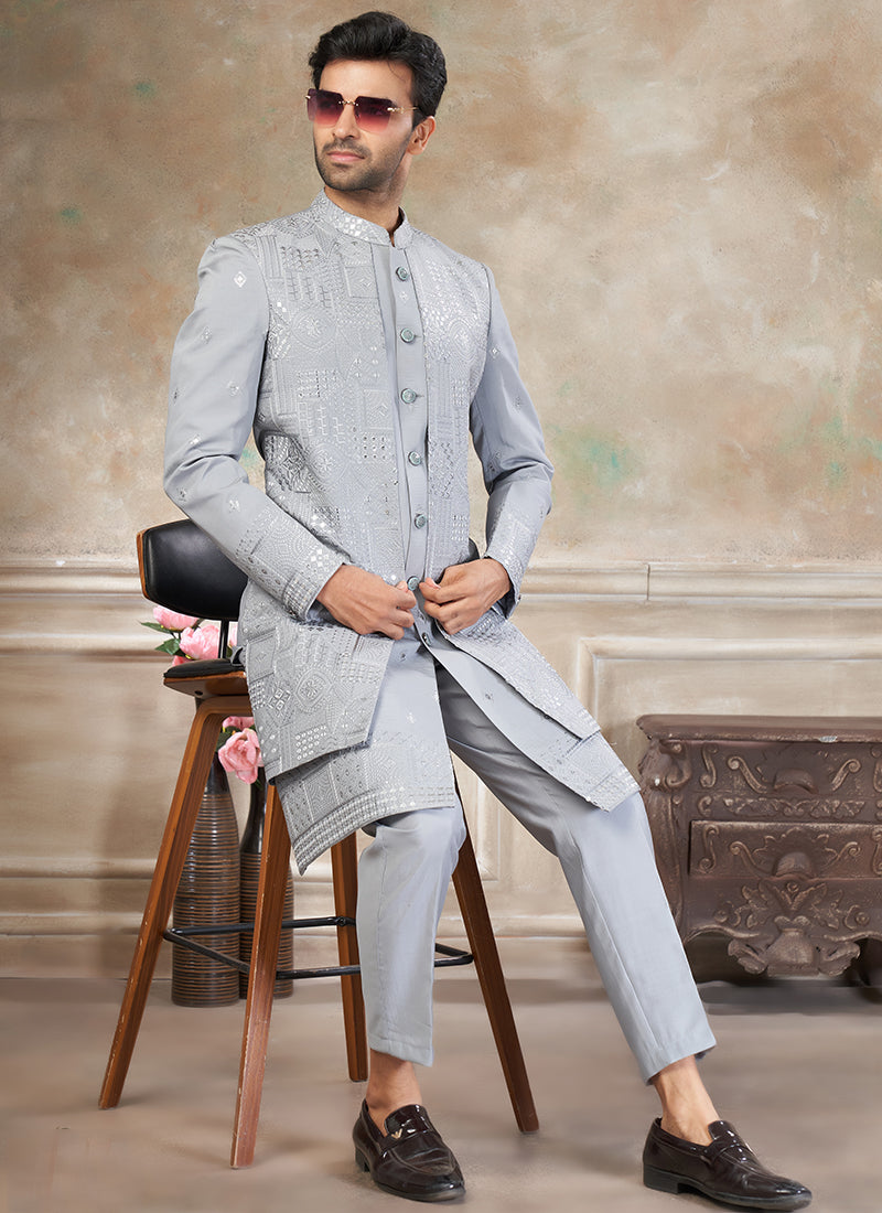 Silk Grey Party Wear Embroidery Work Readymade Indo Western Suit