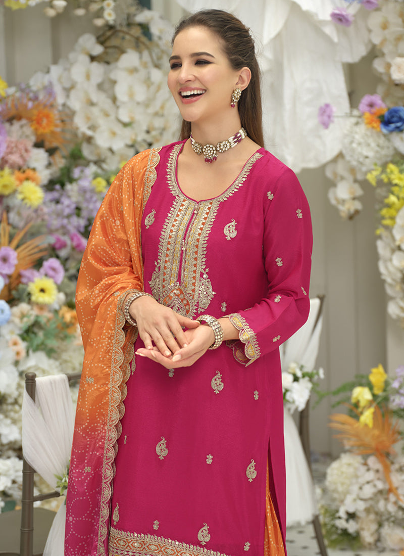 Hot Pink Chinon Embroidery Work Eid Wear Readymade Plazzo Suit SW171652