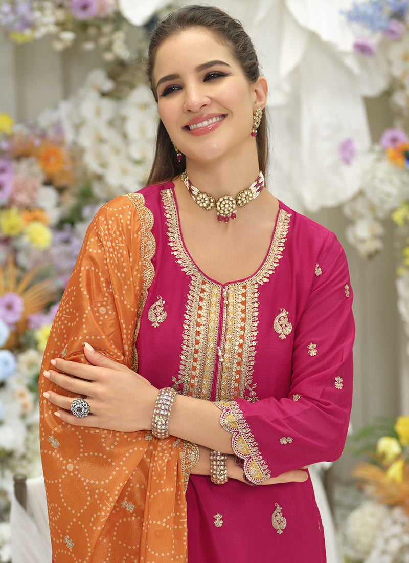 Hot Pink Chinon Embroidery Work Eid Wear Readymade Plazzo Suit SW171652