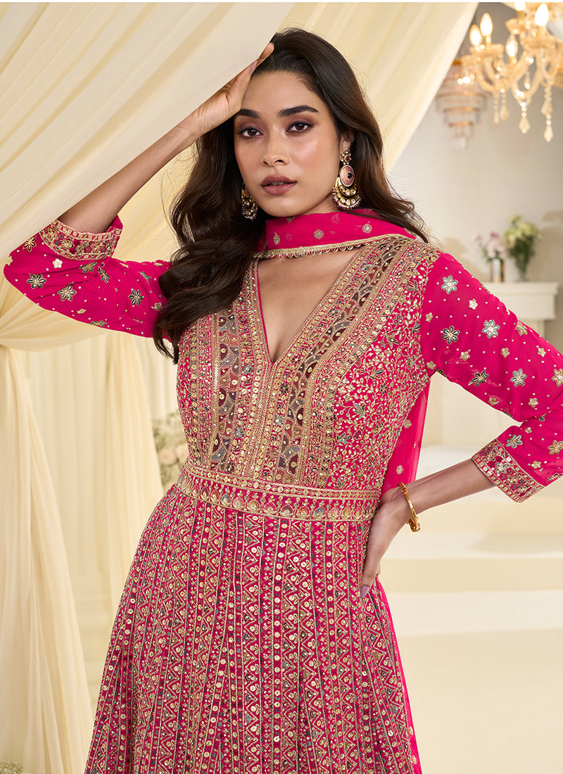 Hot Pink Georgette Embroidery Work Wedding Wear Readymade Anarkali Suit SW400726