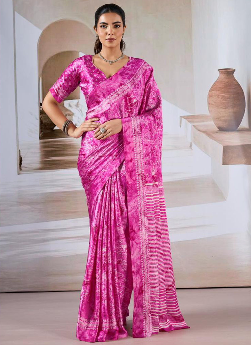Modal Satin Hot Pink Festival Wear Printed Work Saree 388789