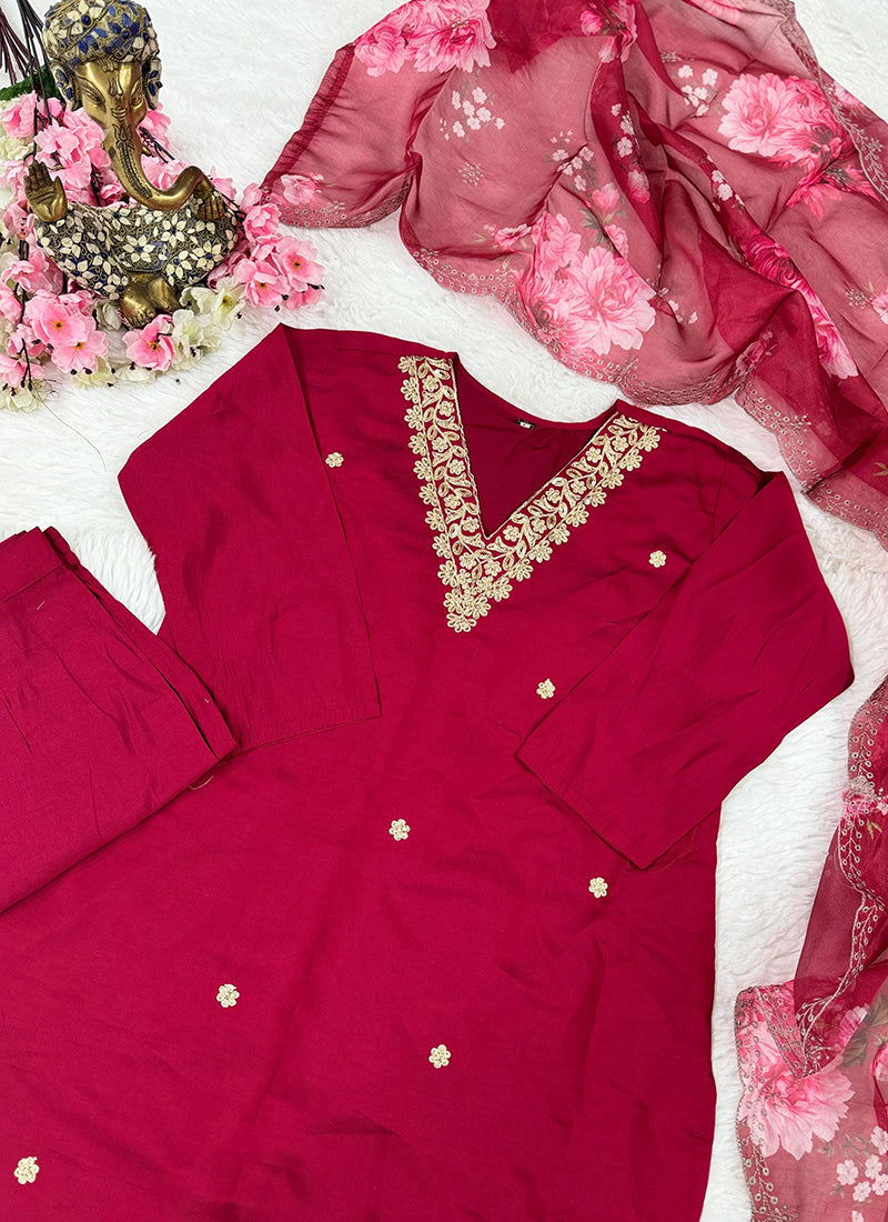 Viscose Chanderi Hot Pink Casual Wear Embroidery Work Readymade Kurti Set