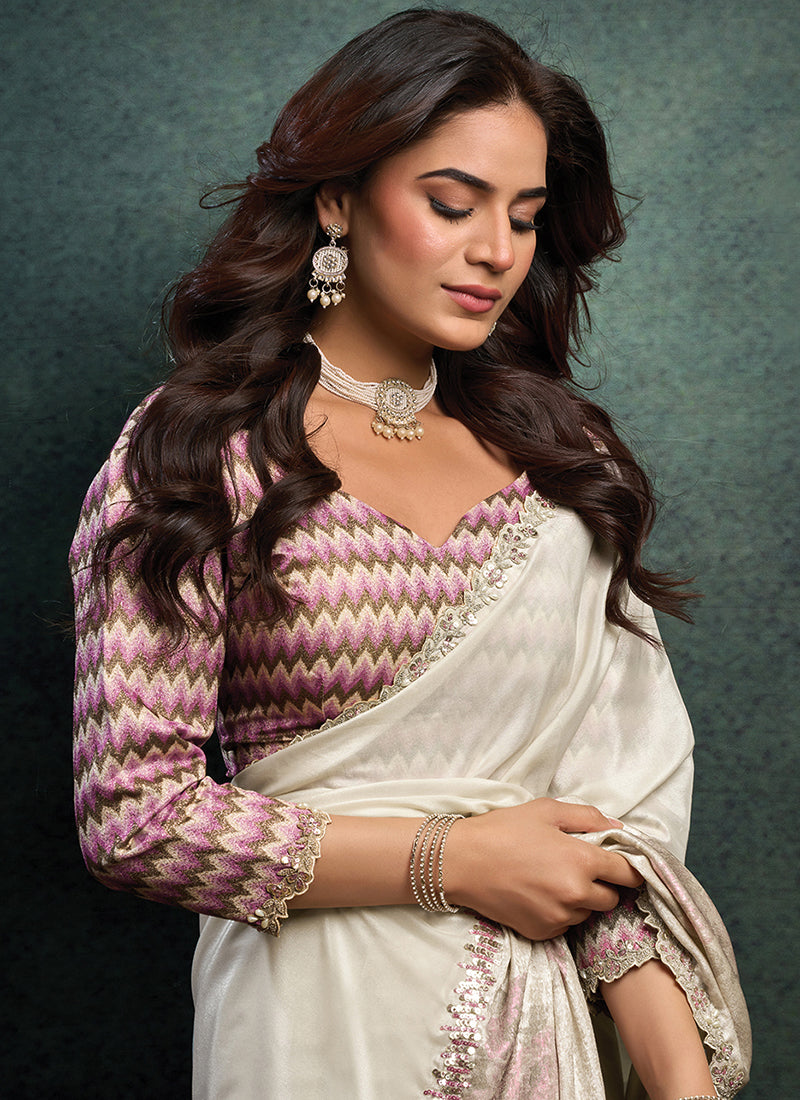 Upada Silk Ivory Party Wear Sequins Embroidery Work Parties Saree 389021