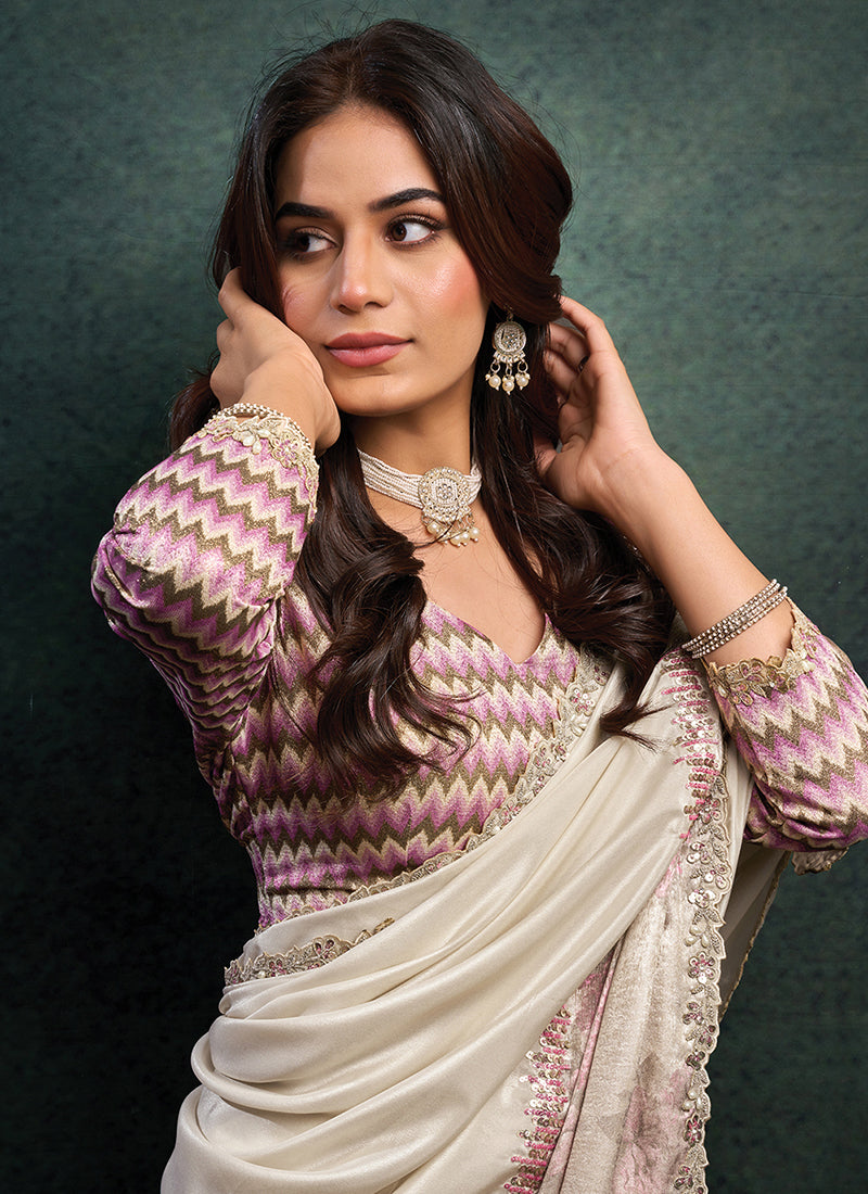 Upada Silk Ivory Party Wear Sequins Embroidery Work Parties Saree 389021