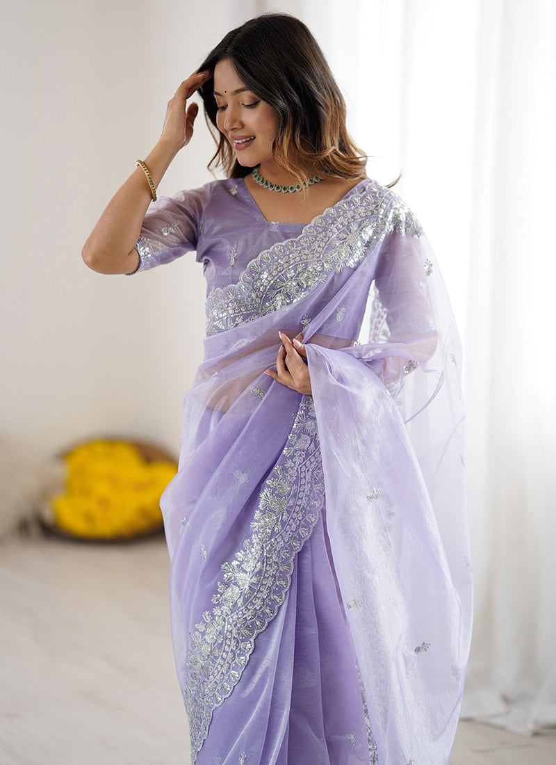 Art Silk Lavender Ocassional Wear Embroidery Work Saree