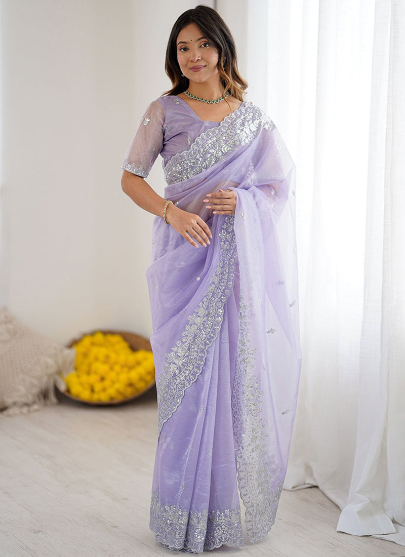 Art Silk Lavender Ocassional Wear Embroidery Work Saree