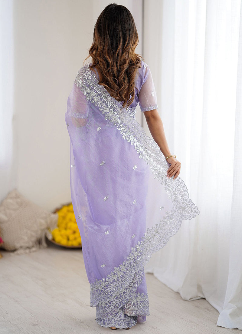Art Silk Lavender Ocassional Wear Embroidery Work Saree