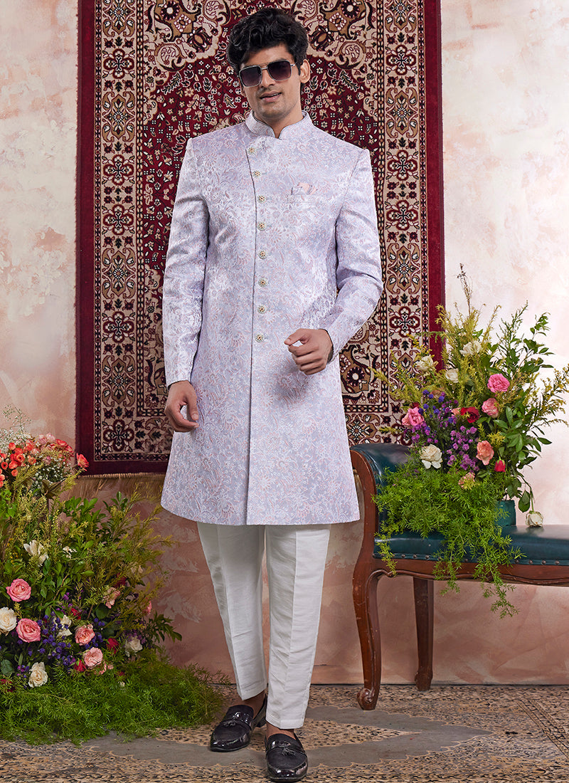 Banarasi Jacquard Lavender Wedding Wear Pattern Pc Work Readymade Sherwani