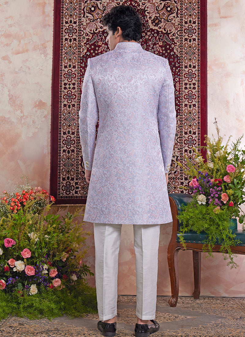 Banarasi Jacquard Lavender Wedding Wear Pattern Pc Work Readymade Sherwani