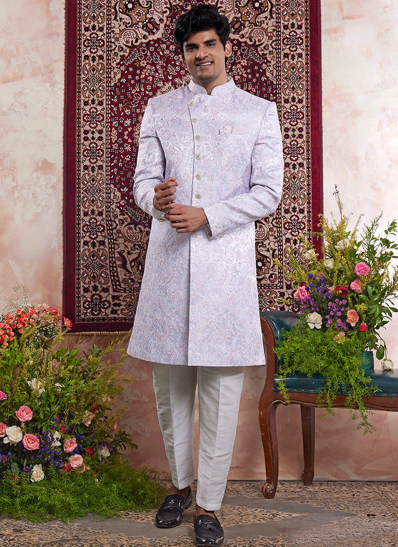 Banarasi Jacquard Lavender Wedding Wear Pattern Pc Work Readymade Sherwani