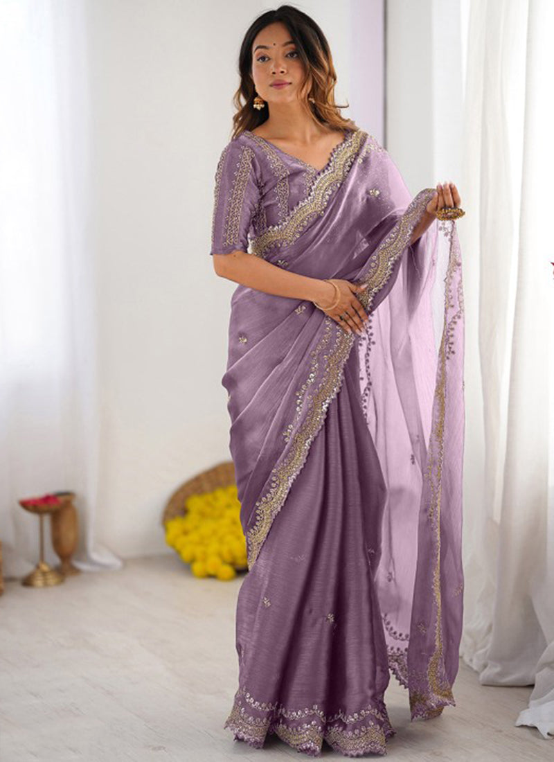 Burberry Silk Lavender Ocassional Wear Embroidery Work Saree