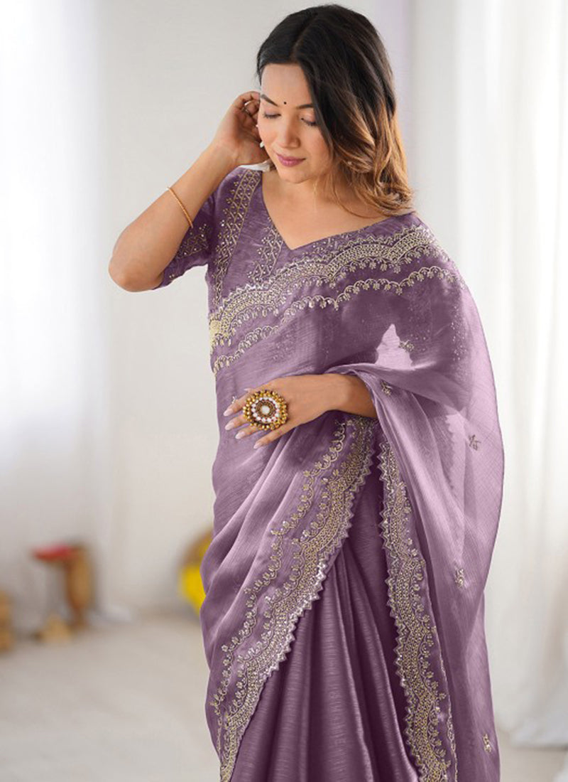 Burberry Silk Lavender Ocassional Wear Embroidery Work Saree