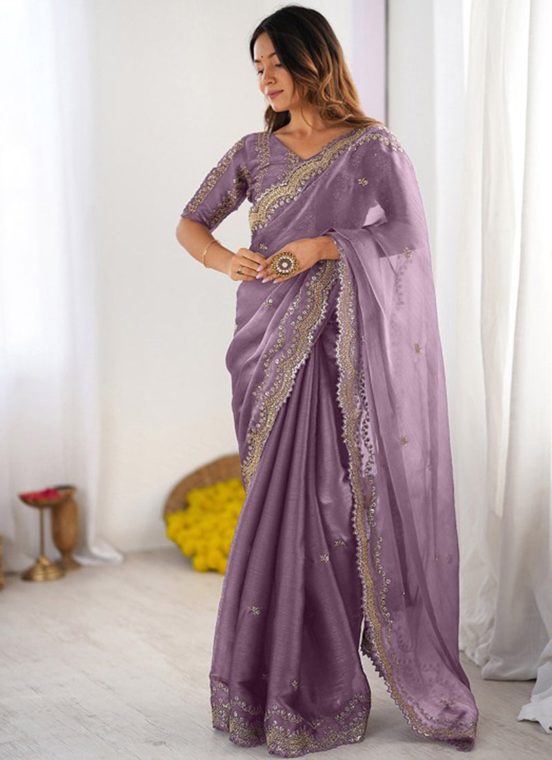 Burberry Silk Lavender Ocassional Wear Embroidery Work Saree