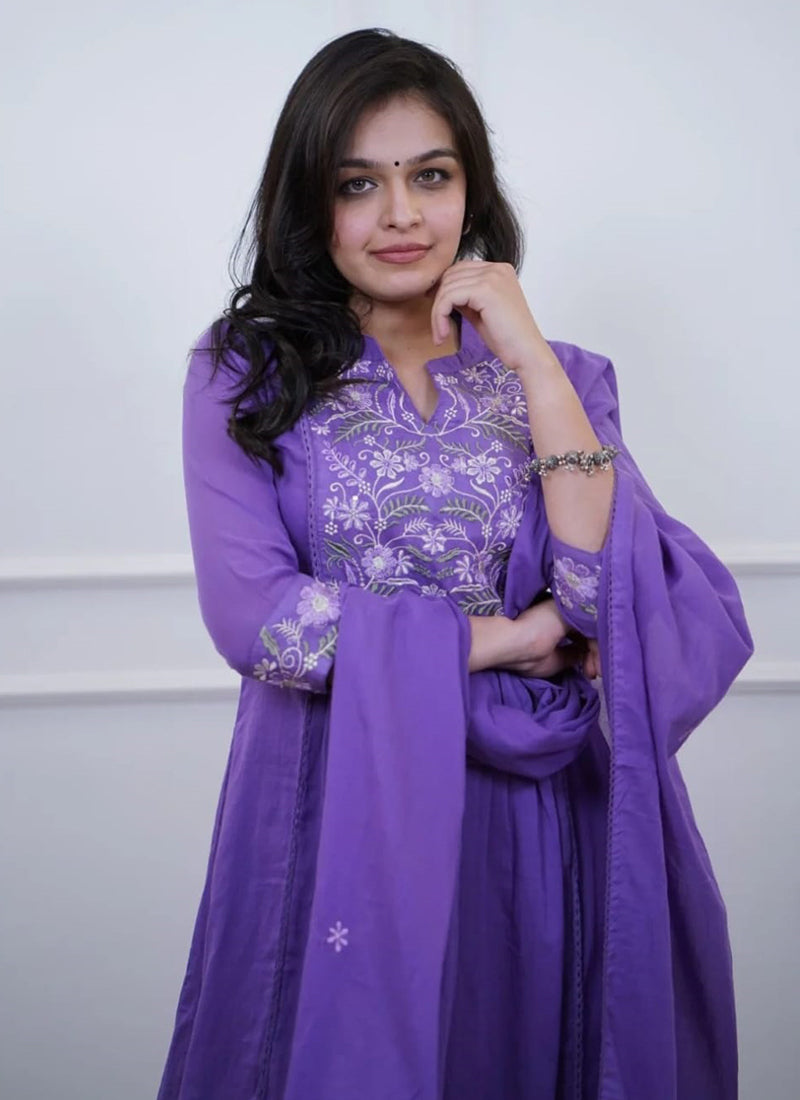 Cotton Lavender Casual Wear Sequins Embroidery Work Readymade Salwar Suit
