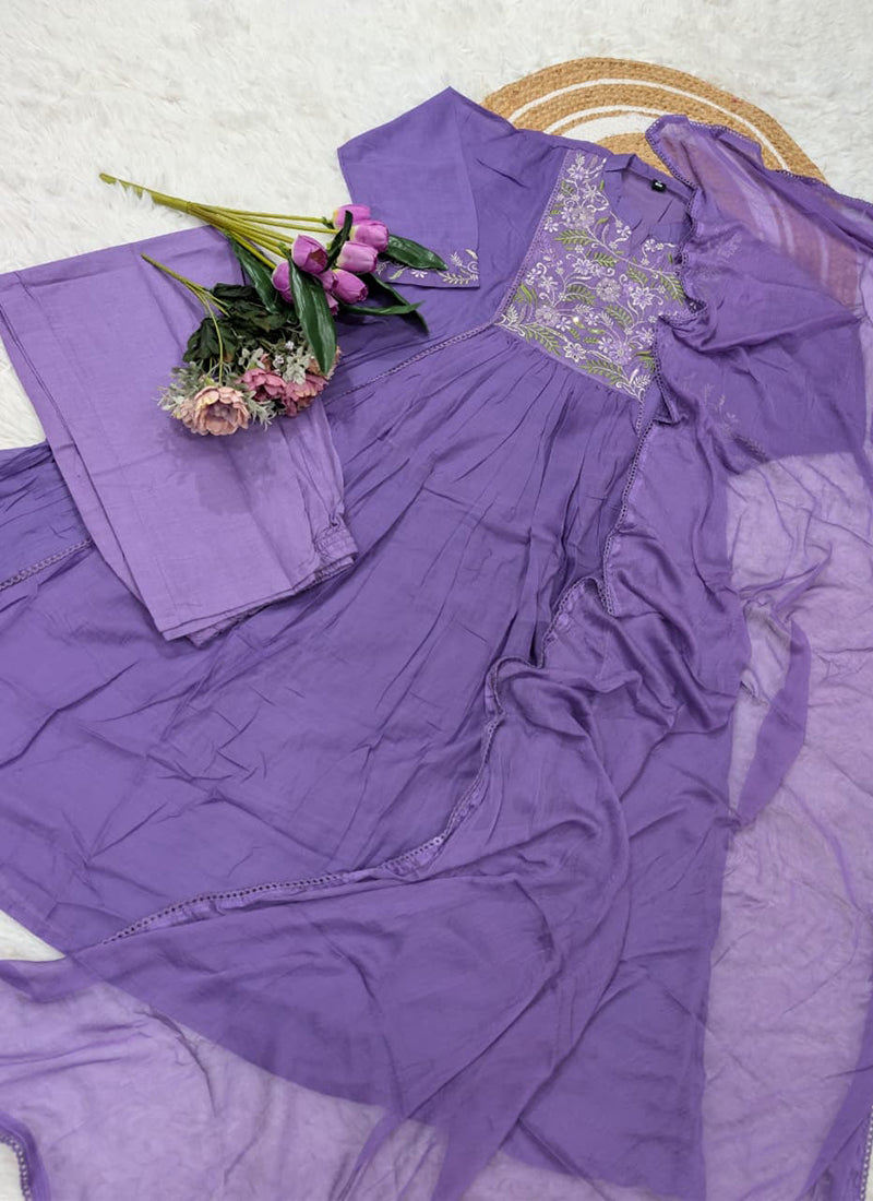 Cotton Lavender Casual Wear Sequins Embroidery Work Readymade Salwar Suit