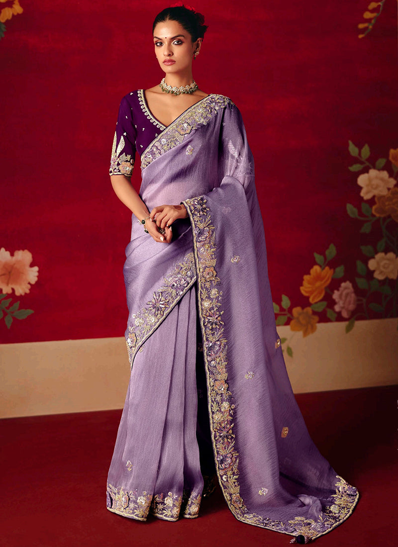 Fancy Silk Lavender Wedding Wear Embroidery Work Wedding Saree 388692