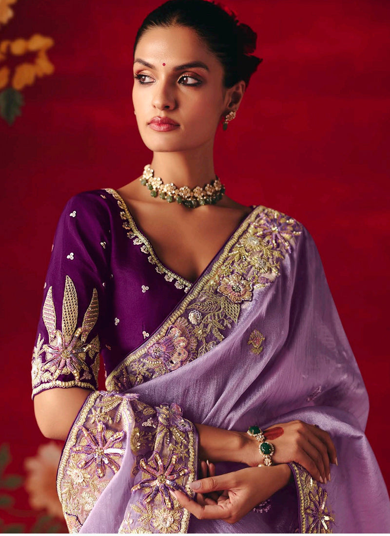 Fancy Silk Lavender Wedding Wear Embroidery Work Wedding Saree 388692