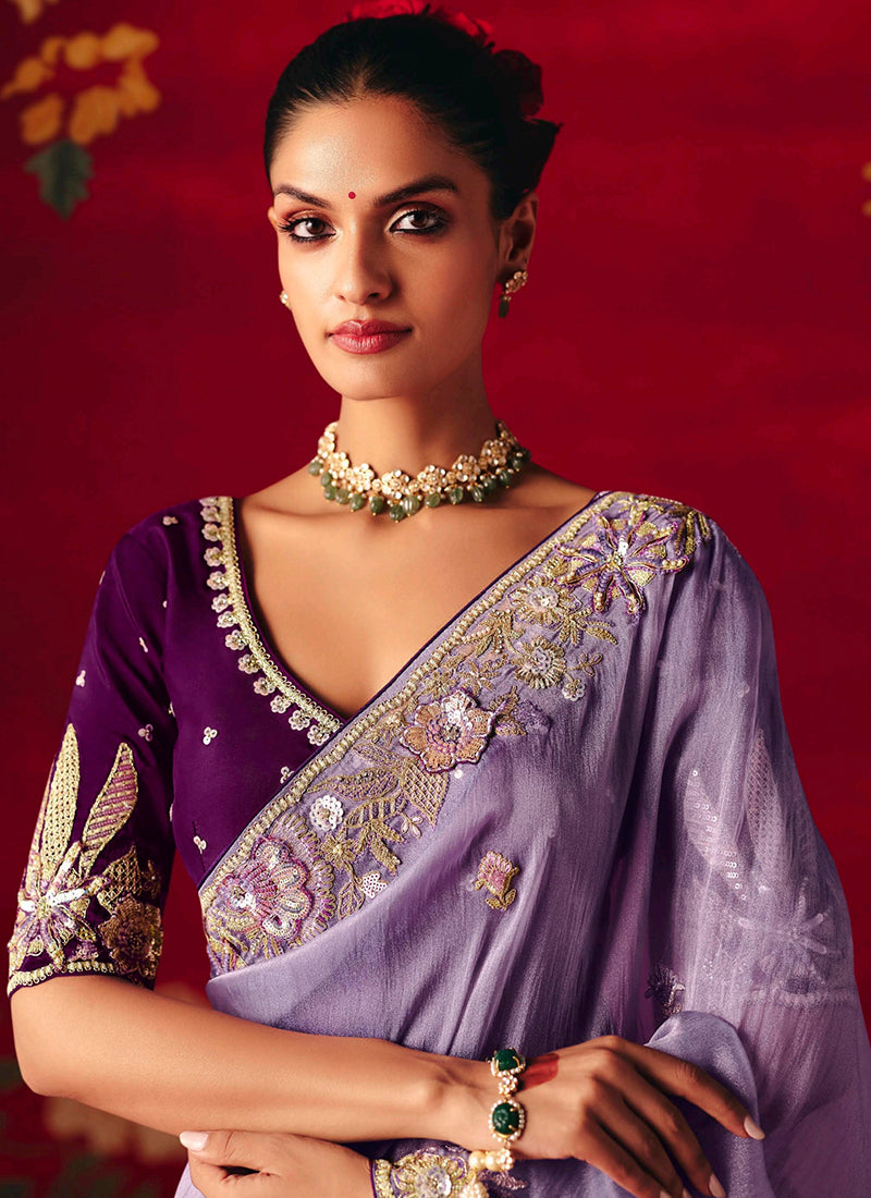 Fancy Silk Lavender Wedding Wear Embroidery Work Wedding Saree 388692