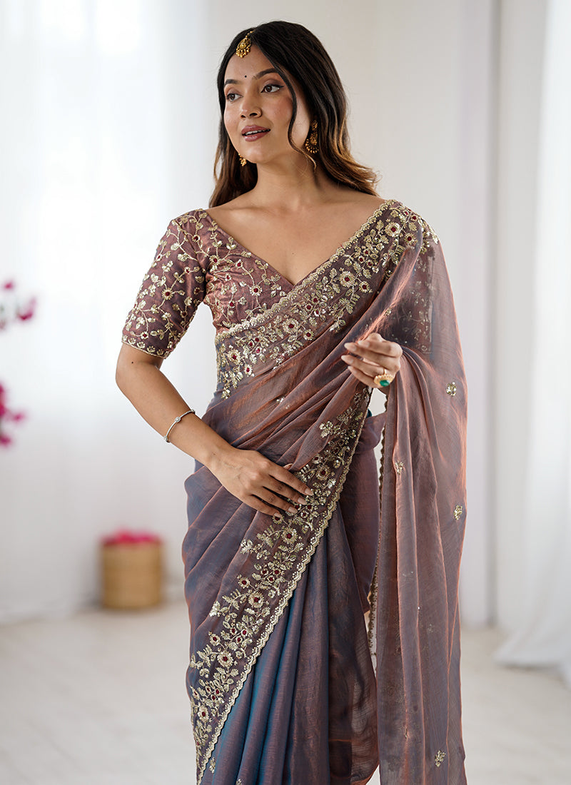 Fendy Chiffon Lavender Party Wear Sequins Embroidery Work Designer Saree 388712