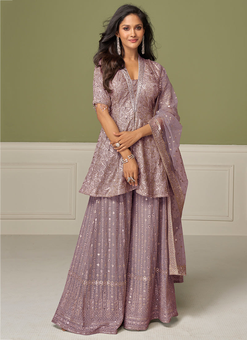 Lavender Georgette Hand Work Wedding Wear Readymade Plazzo Suit SW204598