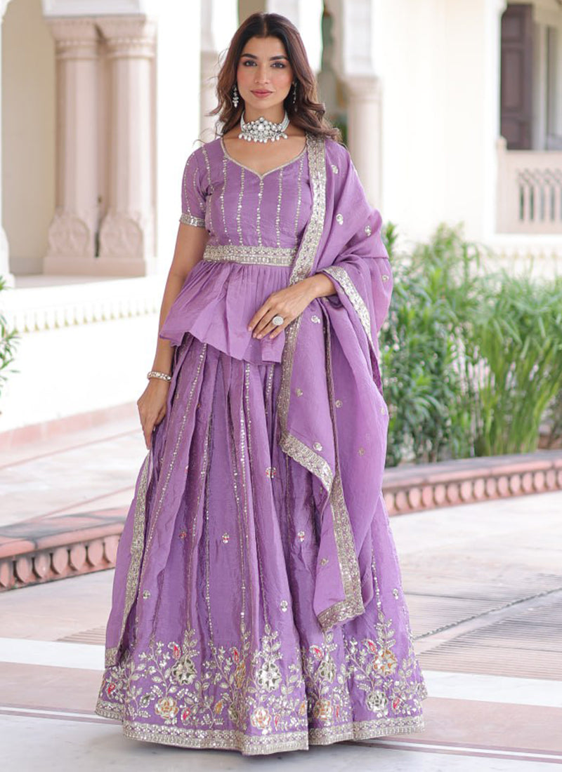 Gold Crush Lavender Festival Wear Sequins Work Readymade Lehenga Choli