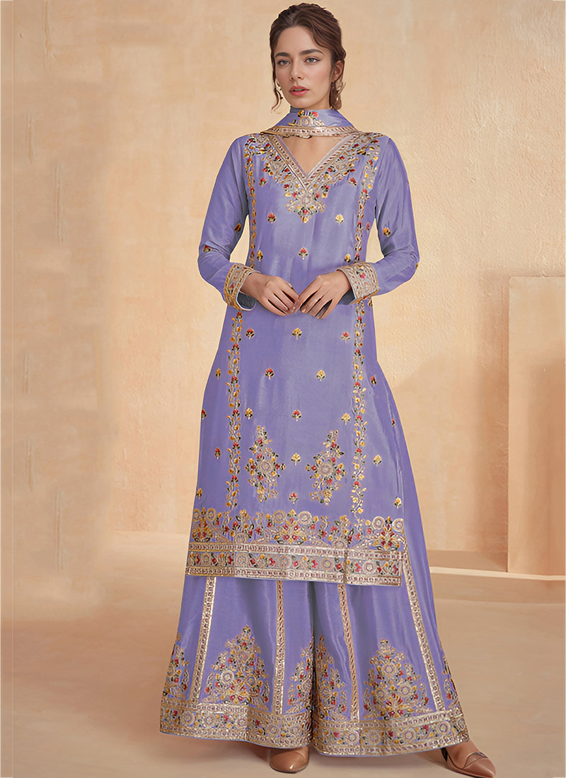 Heavy Chinon Lavender Eid Wear Embroidery Work Pakistani Suit