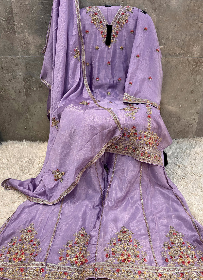 Heavy Chinon Lavender Eid Wear Embroidery Work Pakistani Suit