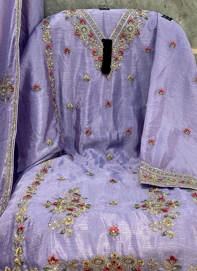 Heavy Chinon Lavender Eid Wear Embroidery Work Pakistani Suit