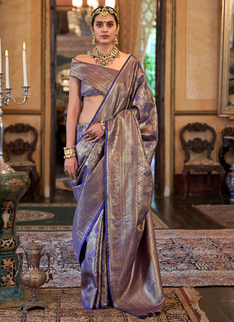 Pv Tissue Silk Lavender Wedding Wear Weaving Work Saree 388674