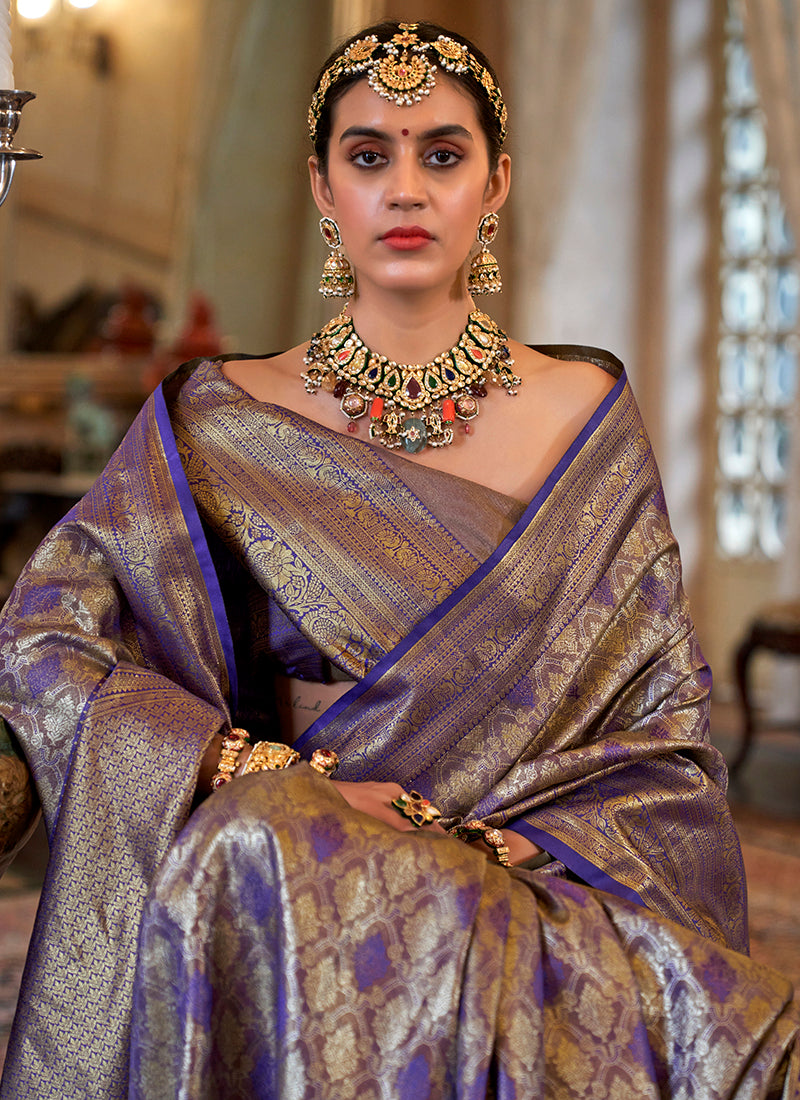 Pv Tissue Silk Lavender Wedding Wear Weaving Work Saree 388674