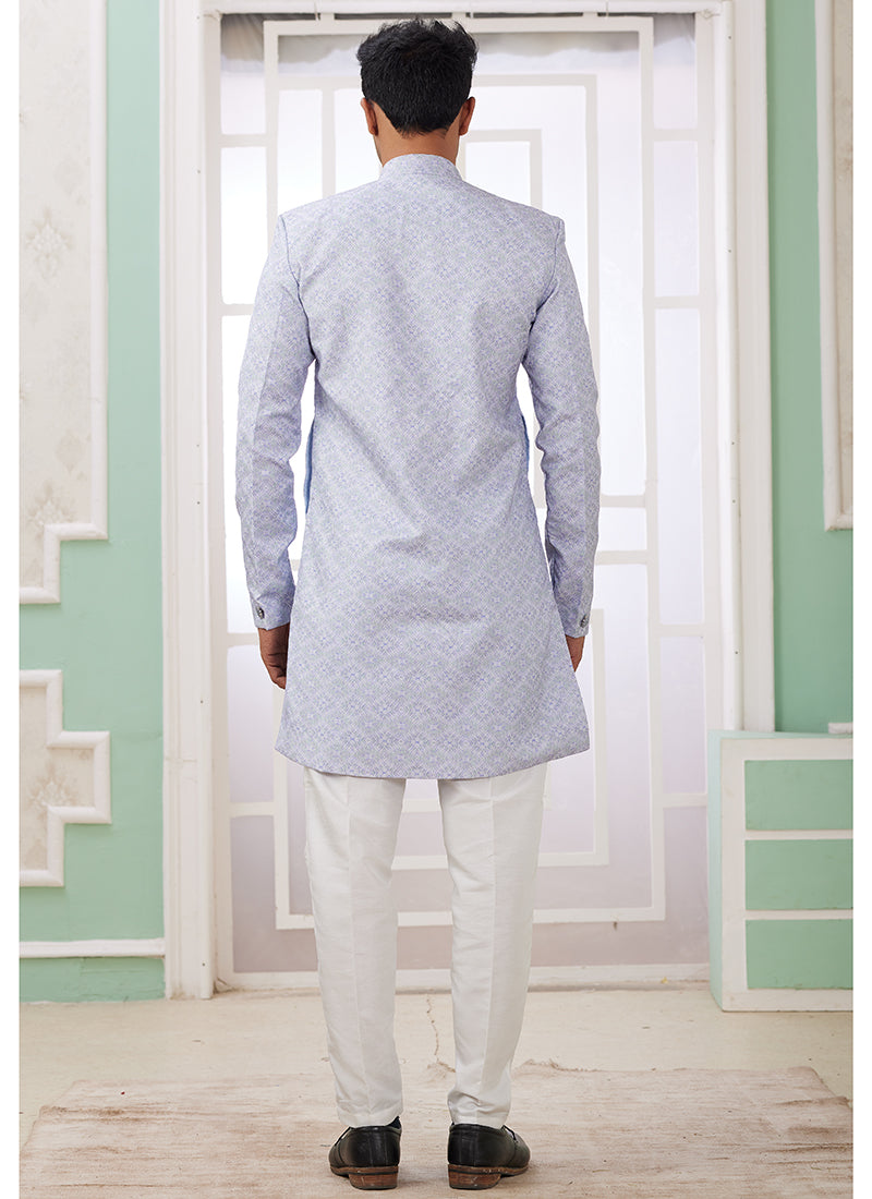 Banarasi Jacquard Light Blue Festival Wear Embroidery Work Readymade Indo Western Sherwani