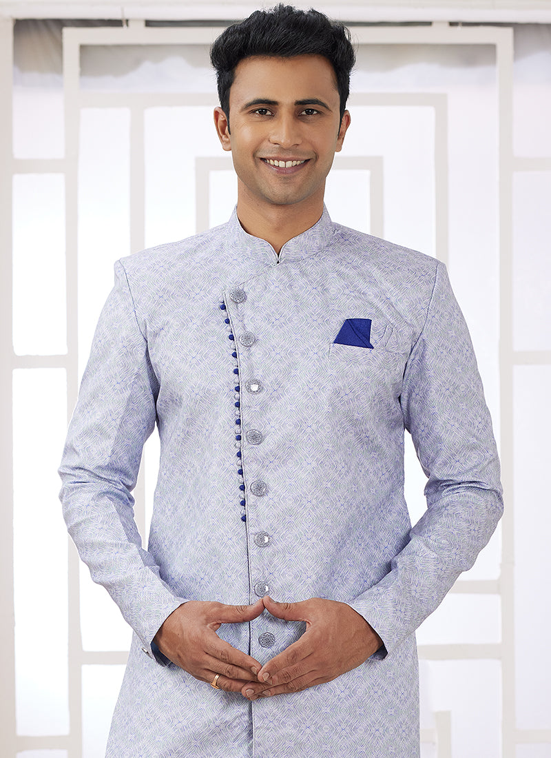Banarasi Jacquard Light Blue Festival Wear Embroidery Work Readymade Indo Western Sherwani