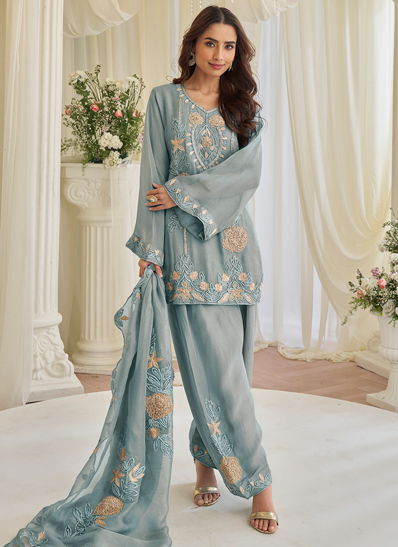 Light Blue Chinon Silk Embroidery Work Festival Wear Readymade Salwar Suit SW222852
