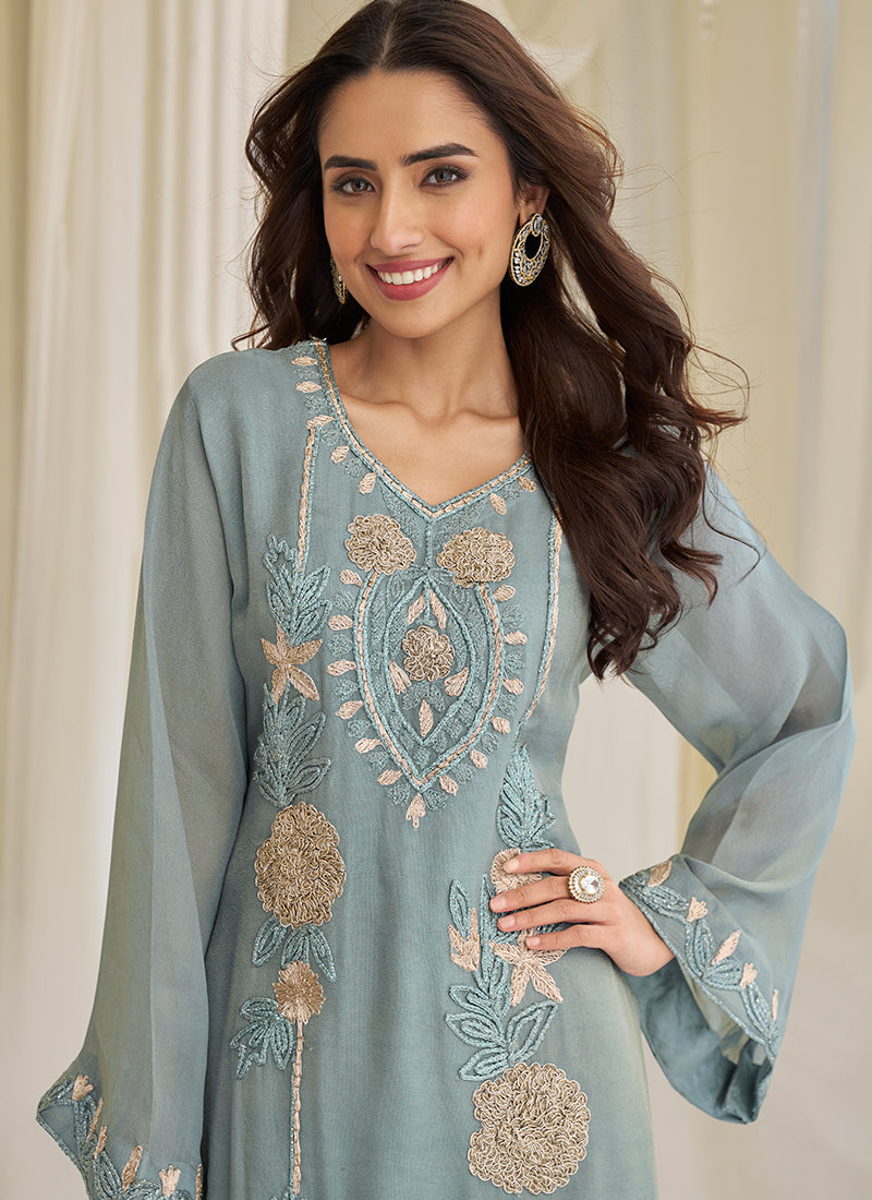 Light Blue Chinon Silk Embroidery Work Festival Wear Readymade Salwar Suit SW222852