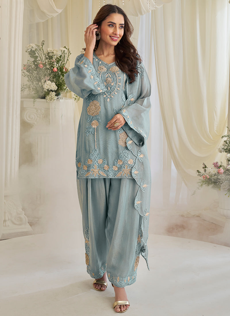 Light Blue Chinon Silk Embroidery Work Festival Wear Readymade Salwar Suit SW222852