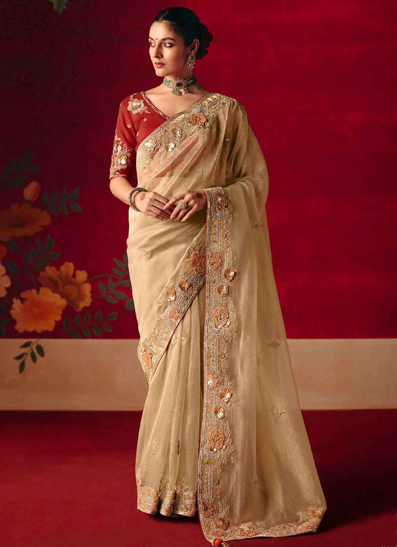 Fancy Silk Light Gold Wedding Wear Embroidery Work Wedding Saree 388694