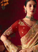 Fancy Silk Light Gold Wedding Wear Embroidery Work Wedding Saree 388694