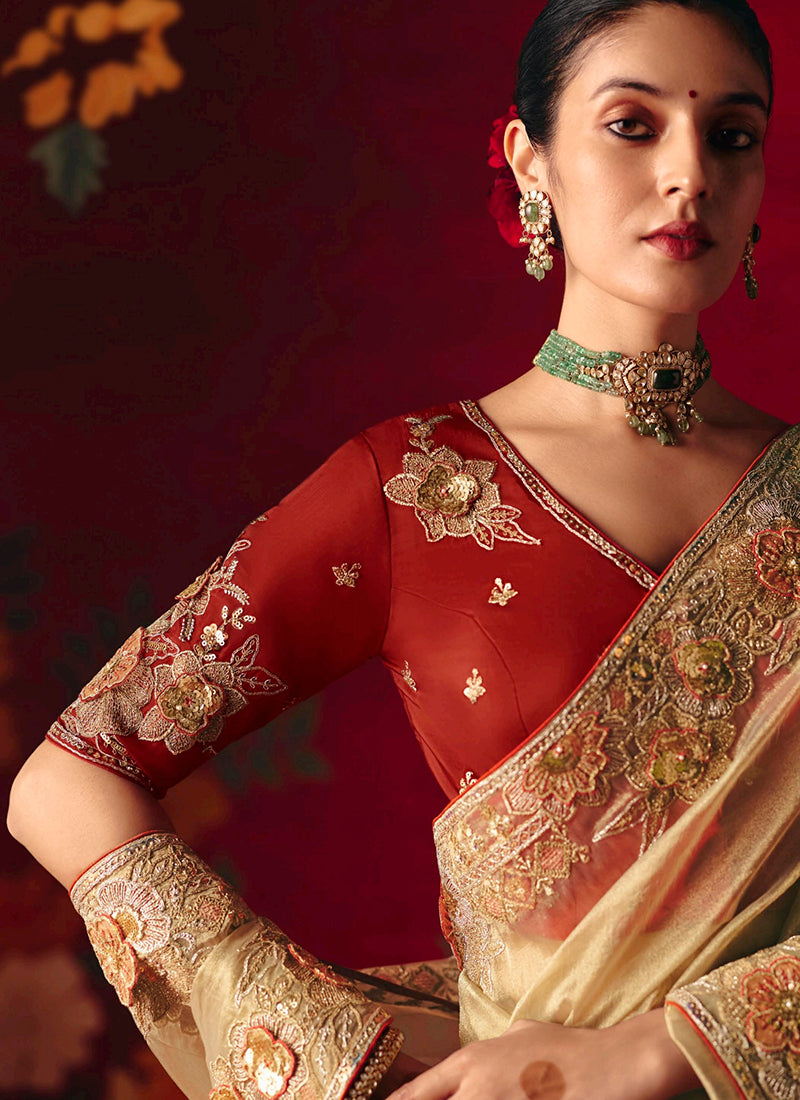 Fancy Silk Light Gold Wedding Wear Embroidery Work Wedding Saree 388694